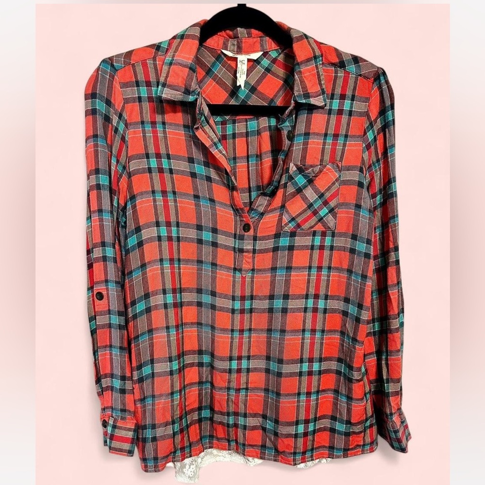 Matilda Jane Plaid Button Down with Lace Hem – Size Small